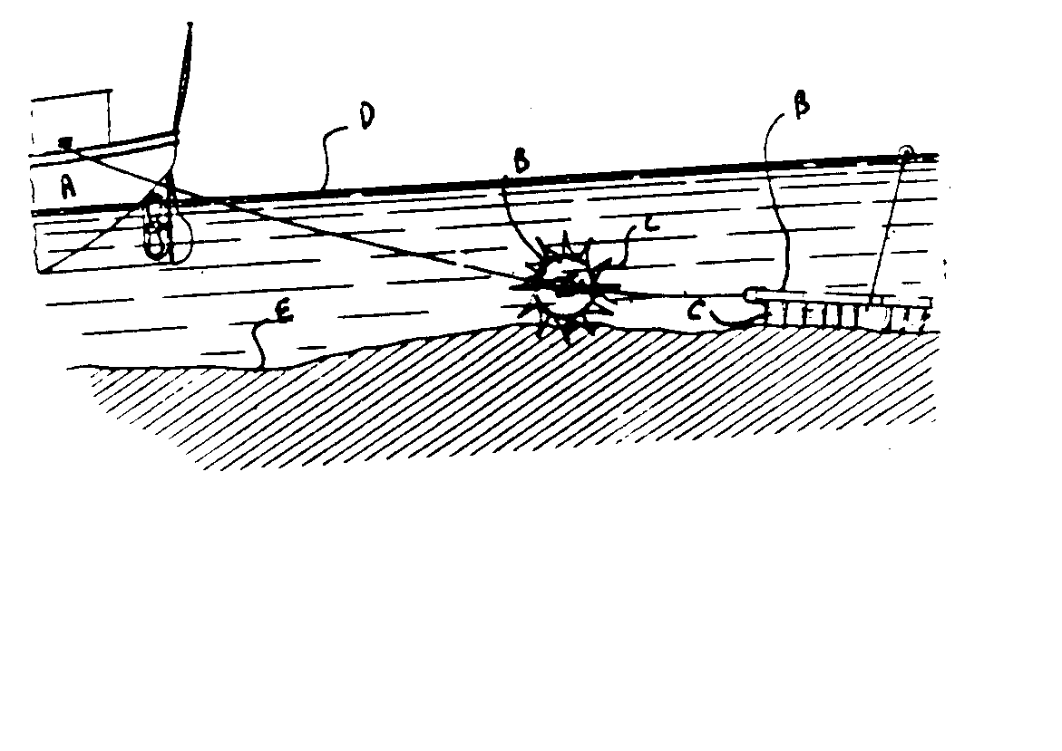 Fig. 2. A - Dredge vessel; B - Digging elements; C - Diggingteeth; D - Body of water; E - Sand bar
