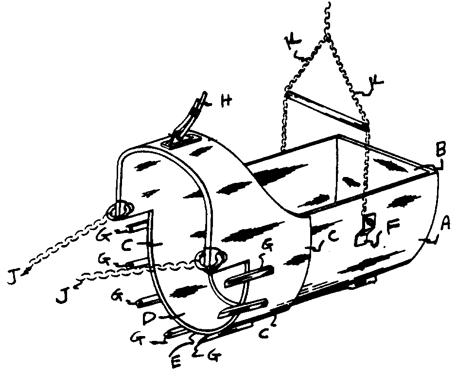 A - Bucket side; B - Bucket end plate; C - Bucket lip;D - Lip bottom; E - Digging edge; F - Bracket; G - Digging teeth;H - Supporting cable; J - Dragging chain; K - Lifting chain
