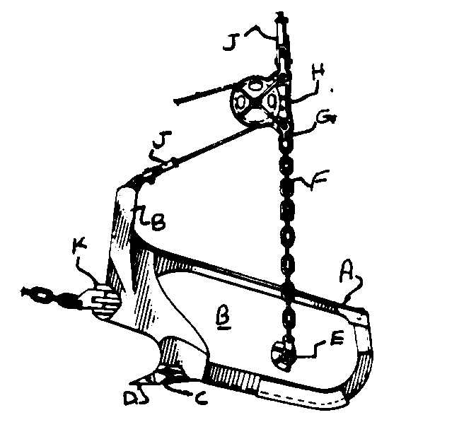 A - Dragline bucket; B - Bucket walls; C - Bucket lip;D - Bucket teeth; E - Bucket trunions; F - Hoist chain; G - Shackle;H - Dump block; J - Rope sockets; K - Hitch plate
