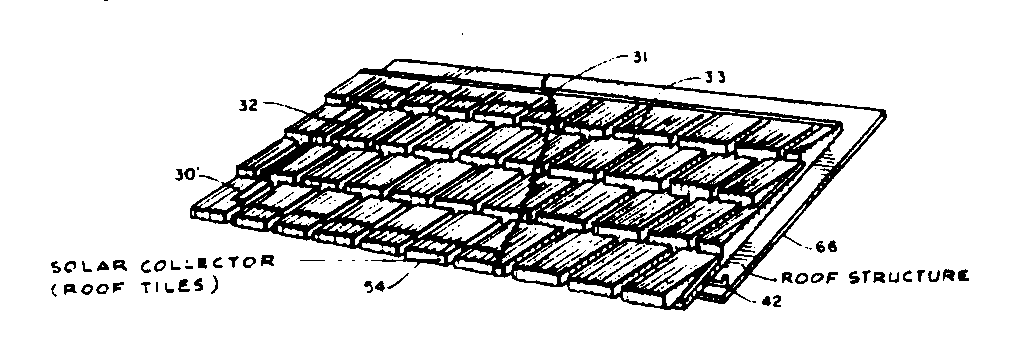 A form-molded synthetic foam roofing section or structurehaving a solar-collecting insert or panel incorporated therein witha relatively broad undersurface and an exposed surface configuredto resemble interlocked and overlapping roofing shingles which areunited to support a surface such as wood, metal, etc. during themolding process.  The roofing structure may be affixed by any conventionalmeans, such as nails or adhesives, to roof boards, rafters, or overold existing roof structure with adjacent roofing section interconnectedby appropriate inlets and outlets for the solar panel insert.  Solar heat-collectingfluid may be circulated through the solar panel inserts in a conventionalmanner.  Connecting tubes are provided for connecting the solarpanel inserts in adjacent roofing sections and terminal connectorsare compatible with all circulating systems.
