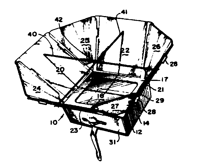 A solar stove having a casing with four rectangular reflectivepanels foldably attached and surrounding the perimeter of the upperedge of the casing, the panels being foldable against the casingto form a neat package.  Each panel is attached to an opposite panelby a flexible cord, the cords crossing each other when the panelsare opened to aid the user in aiming the solar stove directly intothe sun.  Triangular panels are removably attached to the side ofadjacent rectangular panels to fill the space created when the rectangularpanels are opened to approximately 45° past vertical. The oven is a drawer fitting in the casing and removable eitherhorizontally or vertically, the drawer having multiple layer construction forheat retention and a dark interior surface for converting solarrays to heat.
