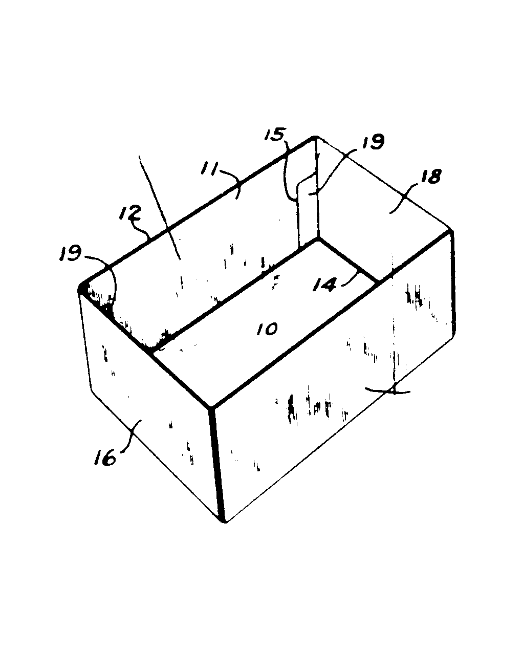 downwardly extending panel of adjacent sidewall; foldedflap or tab; downwardly extending panel
