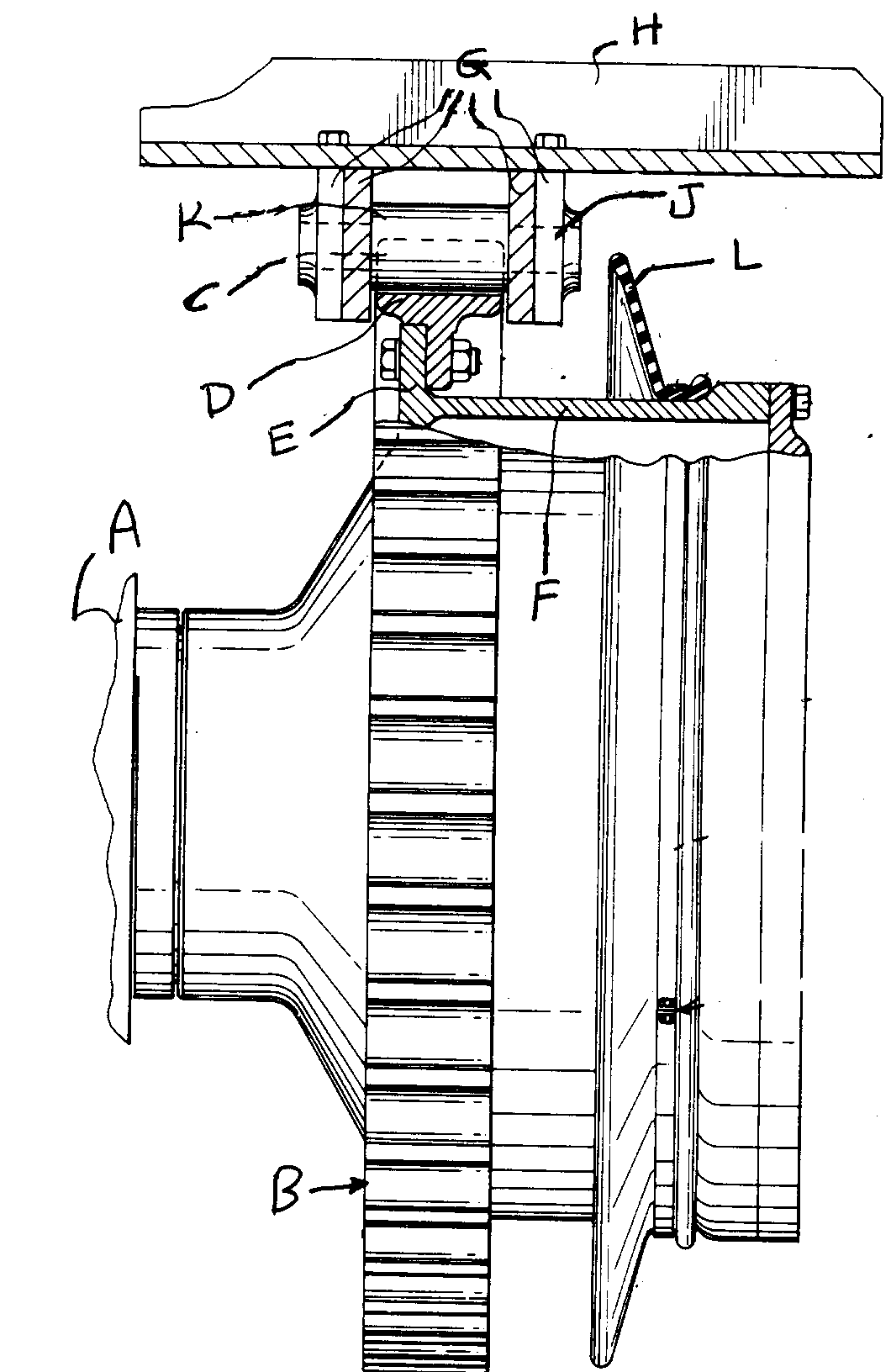 A - Main frame; B - Drive sprocket; C - Teeth; D - Segment;E - Hub flange; F - Hub; G - Interconnected links; H - Track shoe;J - Pin; K - Intermediate bushing; L - Annular shroud or guard
