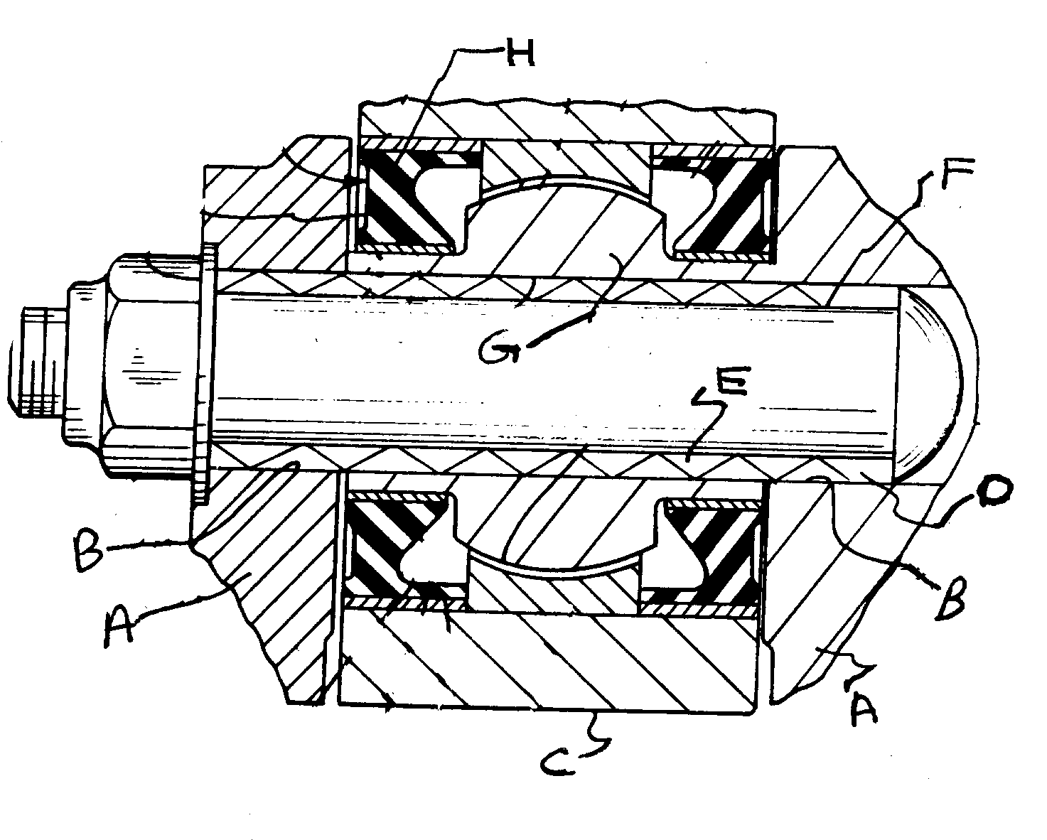 A, B, C - Track shoe collars; D, E, F - Track pin assembly;G - Spherical bearing; H - Elastomeric seal
