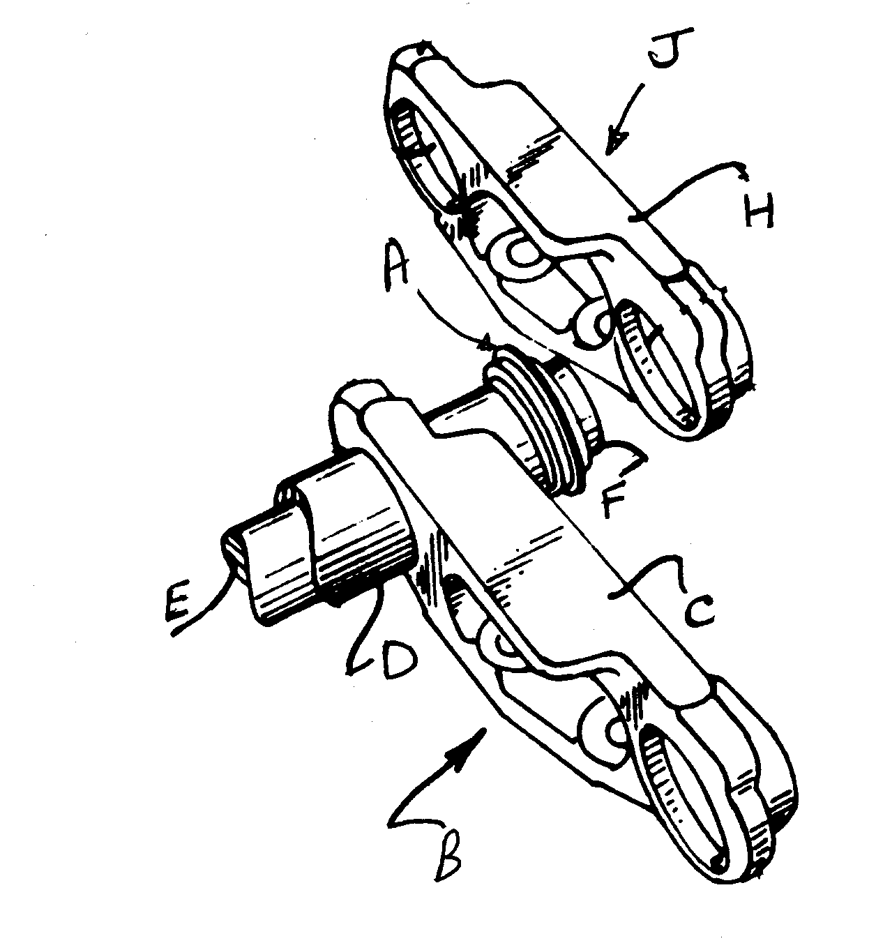 A - Seal assembly; B - Inner link; C - Main body portion;D - Track pin bushing; E - Track pin; F - Track pin outer end portion;H - Main body portion; J - Outer link
