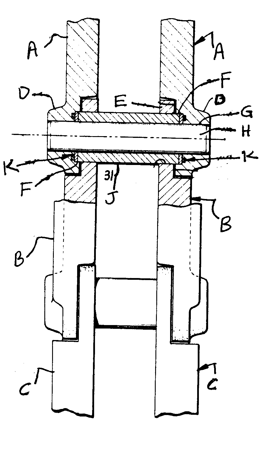 A, B, C - Upper, middle and lower links; D - Offset boss;E - Overlap; F - Counter bore; G - Central hole in offset boss;H - Pin; J - Bushing; K - Seal
