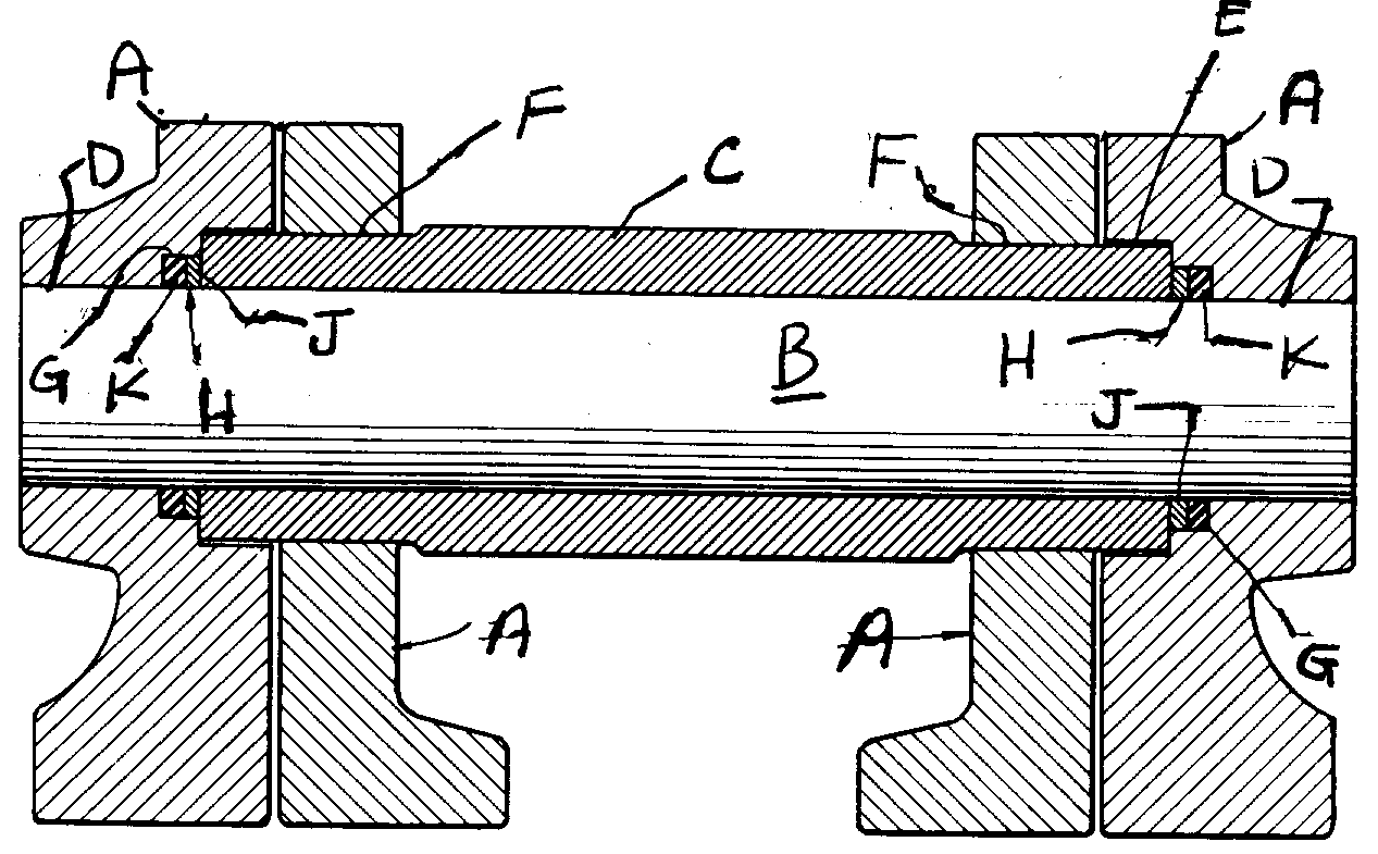 A - Side link; B - Connector pin; C - Bushing or sleeve;D - Link opening for pin; E - Annular recess in link for sleeve;F - Link opening for sleeve; G - Annular recess in link for seal; H- Seal assembly; J - Seal ring; K - Annular resilient member
