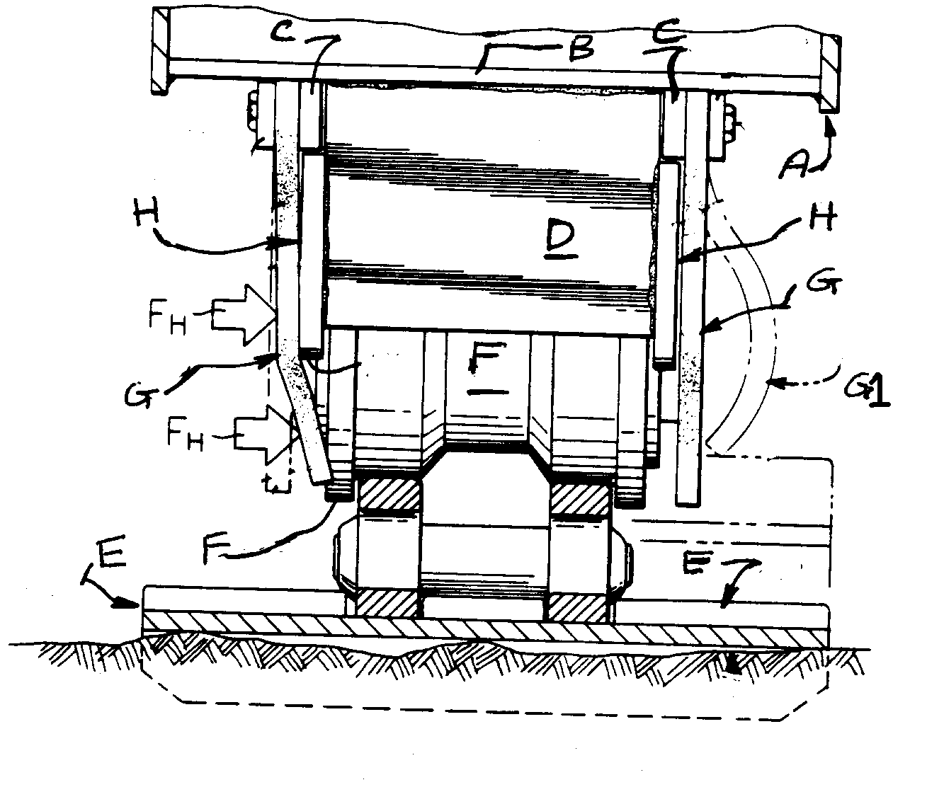 A, B, C, D - Track roller frame assembly; E - Track assembly;F - Pair of track rollers or track links; G, G1 - Flexible guardrail; H - Backup detector plate
