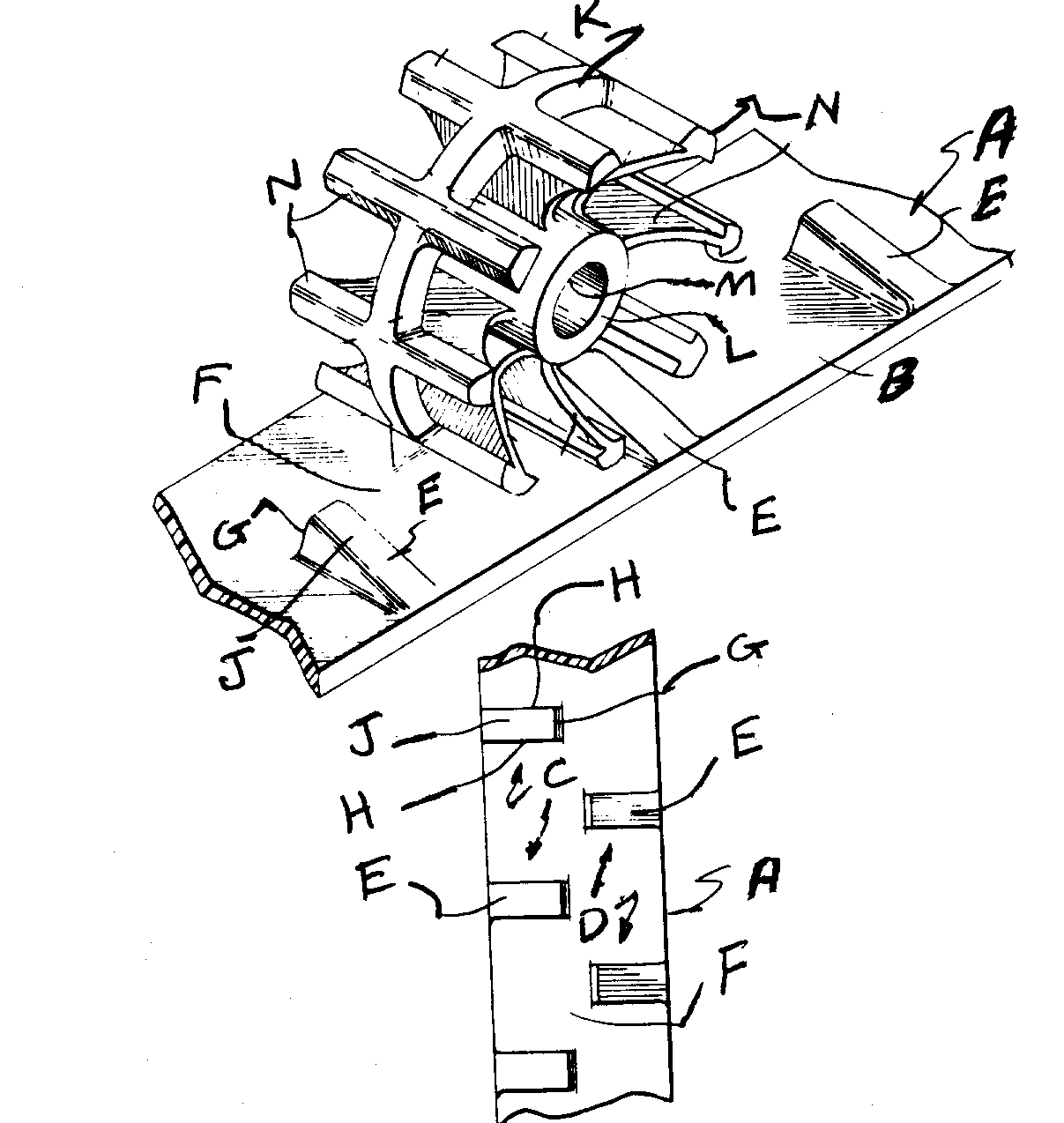 A - Endless track; B - Belt portion; C, D - Laterally spacedrows of teeth; E - Driving teeth; F - Belt strip;G, H, J - Inner/outerteeth surface; K - Driving sprocket rim; L, M - Hub with central;N - Driving lugs
