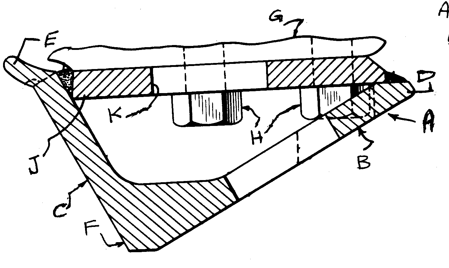 A -Track shoe; B, C - Track shoe sidewalls; D, E - Adjacenttrack shoe lugs; F - Common grouser; G - Link; H - Fastening means;J - Support plate; K - Opening thru plate 'J' providesegress; of entrapped debris
