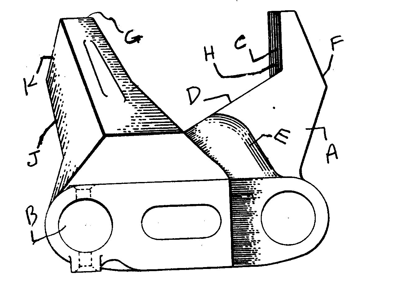 A - Male part of shoe or lug; B - Pin hole; C - Lockingpart; D - Inclined face; E - Boss; F - Flat face; G - Bridging part;H - Convex face; J - Inclined face; K - Flat face
