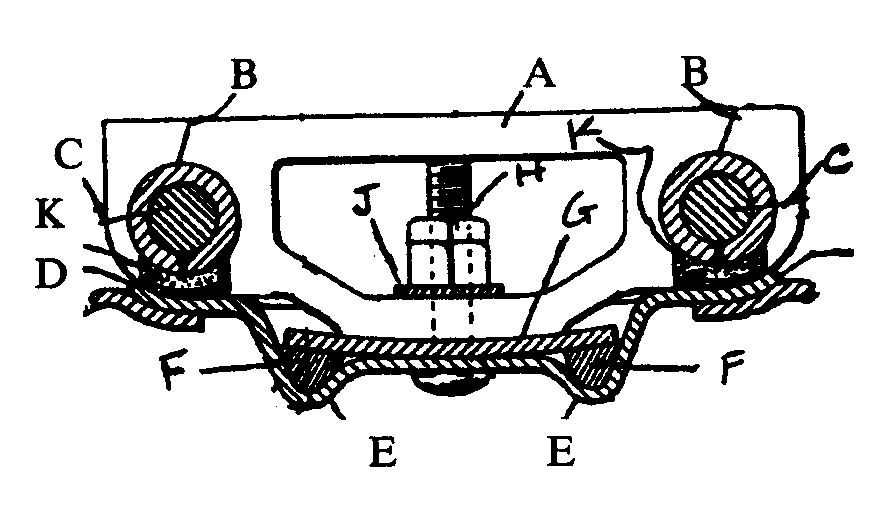 A - Link bar; B - Gudgeon pin; C - Journal pin; D - Metalshoe; E - Pressed rib; F - Wooden pillow; G - Spring metal plate;H, J - Mounting means; K - Lubricant receptacle
