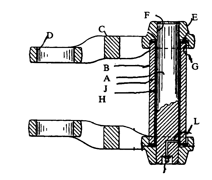 A - Link pin; B - Bushing; C - Link; D - Link opening; forbushing; E - Link outer  front; F - Opening to receive link pinend; G - Annular recess; H, J - Sleeve with coils to distributelubricant; K - Grease fitting; L - Lubricant passage
