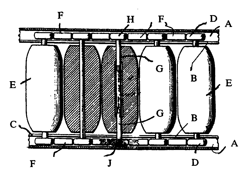 A, B, C - Frame; D - Track rollers; E - Ground engaging roller;F - Spacer; G - Axle; H, J - Axle heads
