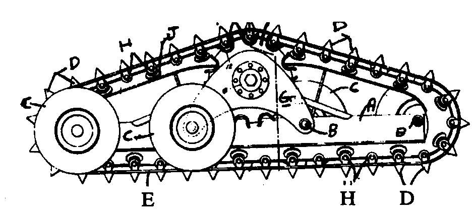 A - Rigid frame; B - Transverse axles; C - Rubber tires; D- Cleat or tread; E - Endless band; F - Sprocket wheel; G - Verticalrigid support; H - Rollers; J - Rollers
