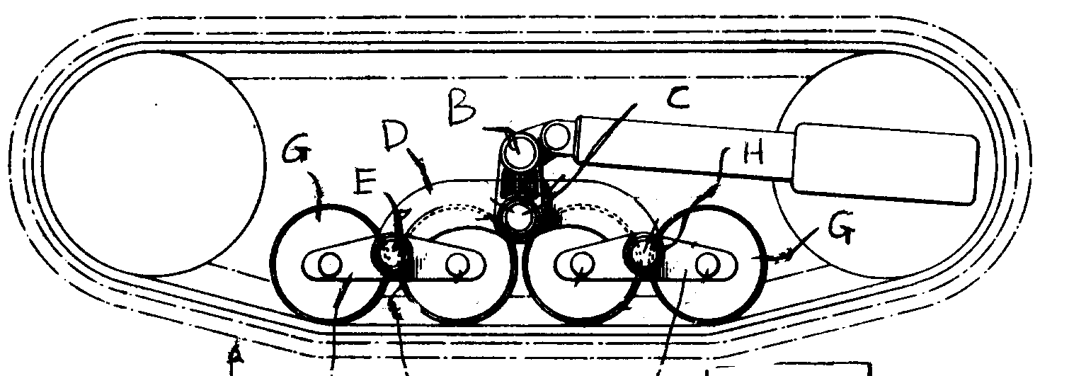 A - Endless track; B - Carrier axle; C - Trunion (pivot connection);D - Main walking beam; E - Trunion (pivot connection); F - Walkingbeams (secondary); G - Track rollers; H - Bearings
