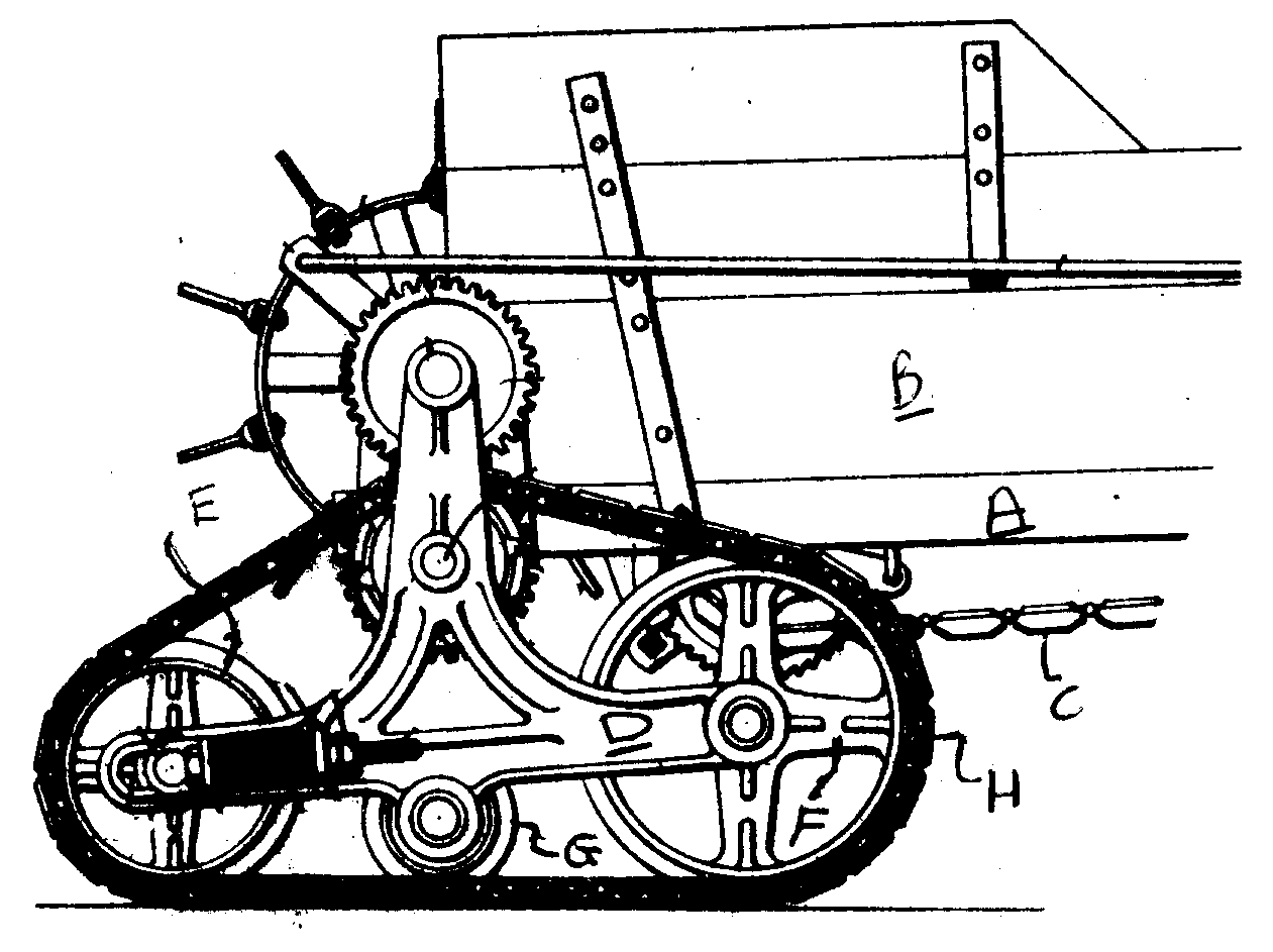 A - Vehicle frame; B - Vehicle body; C - Apron; D - Framefor flanged wheels; E, F, G - Flanged wheels; H - Endless truckengaging flanged wheels
