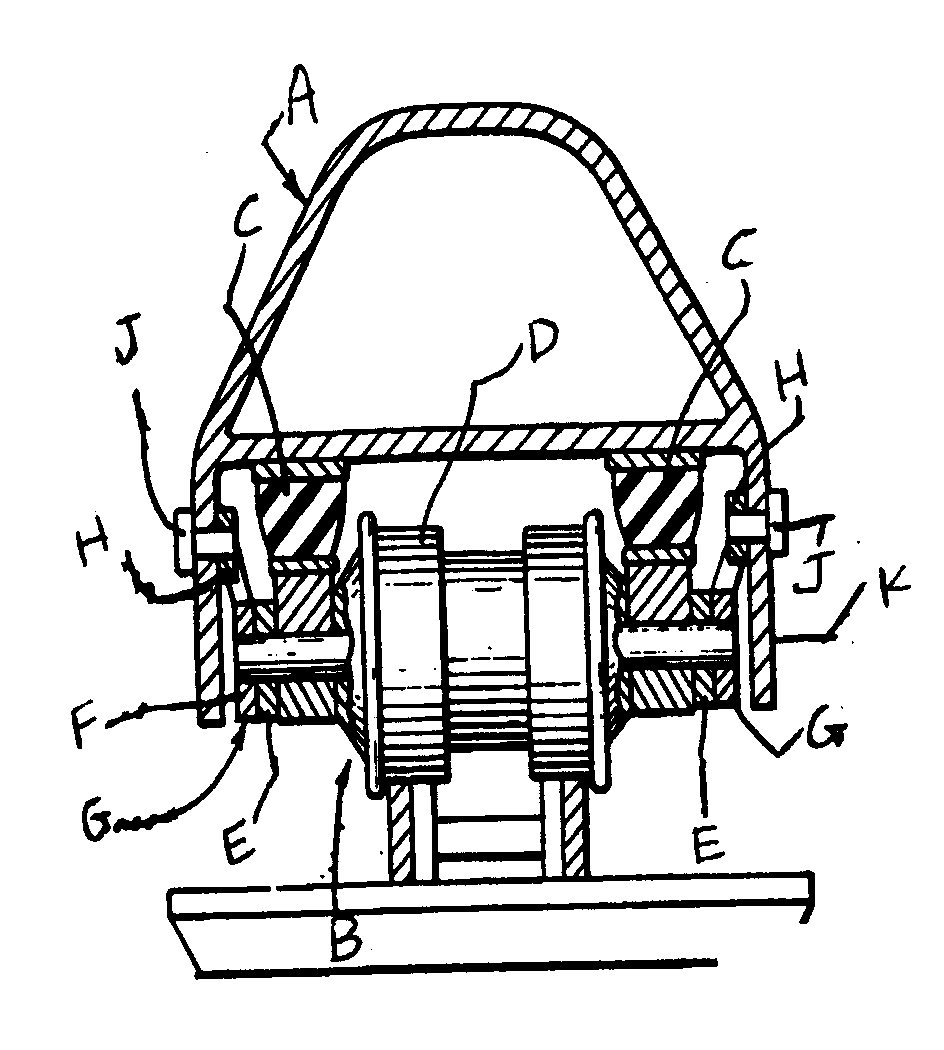 A - Truck frame; B - Roller assembly; C - Resilient cushions;D - Roller; E, F - Links to interconnect roller assembly; G - Linkoff set; H - Bell crank; J - Pivot; K - Truck frame side member
