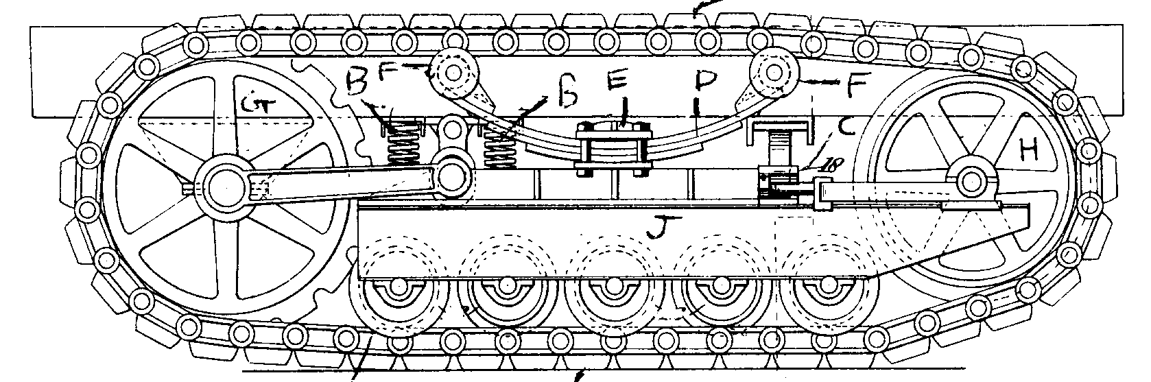 A - Endless track; B-F - Constitutes intermediate upper trackrun support.; G - Sprocket wheel; H - Idler sprocket wheel; J -Truck frame; K - Rollers
