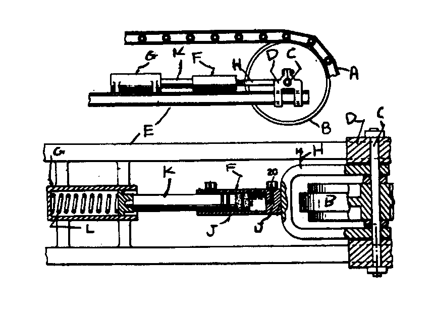 A - Endless track; B - Idler wheel; C - Axle; D - Idler boxings;E - Frame; F - Hydraulic piston-cylinder; G - Spring unit; H - Bracket;J - Hydraulic cylinder; K - Piston rod; L - Spring
