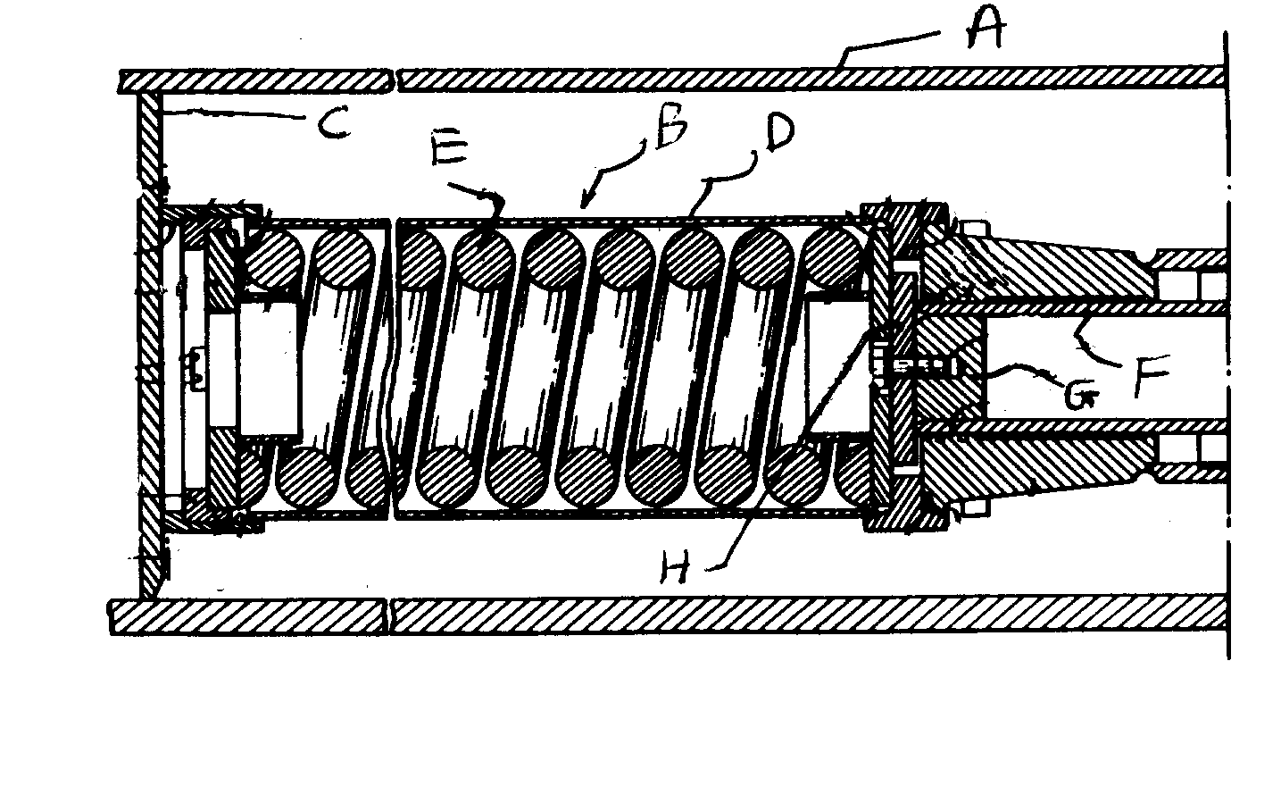 A - Track roller frame; B - Spring recoil assembly; C - Stop;D - Housing; E - Coil spring; F - Movable piston; G - Block closespiston at one end; H - Circular plate secured to piston block; (Shiftingpiston to the left compresses the coil spring)
