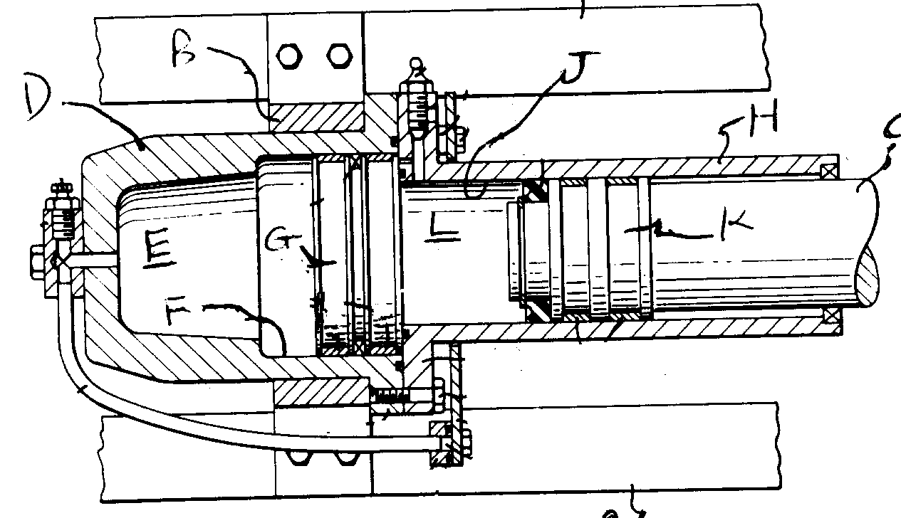 A - Vehicle frame; B - Trunion; C - Connecting rod to yoke;D - Housing; E - Gas chamber; F - Cylinder bore; G - Free piston;H - Open-ended; J - Open-ended cylinder box; K - Piston; L - Fluidchamber
