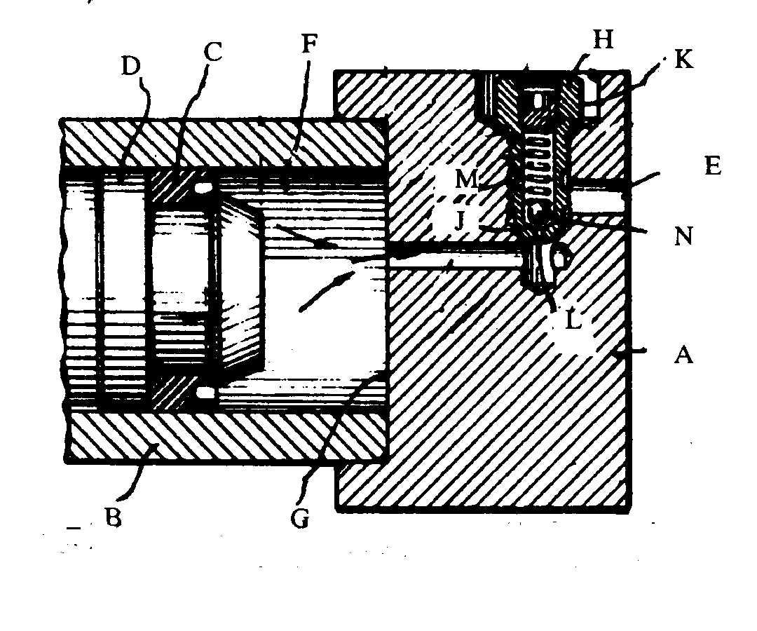 A - Cross plate; B - Track adjusting cylinder; C - Piston seal;D - Piston; E - Discharge opening; F - Piston chamber; G - Pistonchamber floor; H - Safety or relief valve; J - Body sleeve; K -Integral head; L - Axial inlet passage; M - Side part; N - Ballforms second valve element
