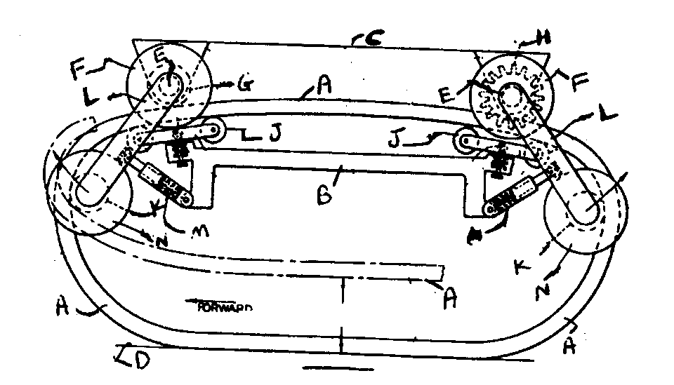 A - Endless resilient band; B, C - Supports for roller;D - Terrain (ground surface); E - Shaft; F - Radial flanges; G,H - Load rollers; J - Idler roller; K, L - Floating end rollerson  swingable arms; M - Coil spring  mechanism; N - Radial flanges
