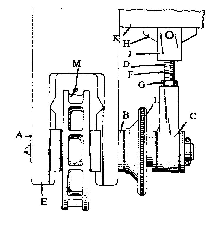 A, B, C - Journal boxes for track drive shaft; D - Adjustingdevice (threaded); E - Crawler beam; F - Screw member; G - Tensioningnut; H - Spherical seat; J - Shackle; K - Cross member; L - Sprocket;M - Track drive sprocket
