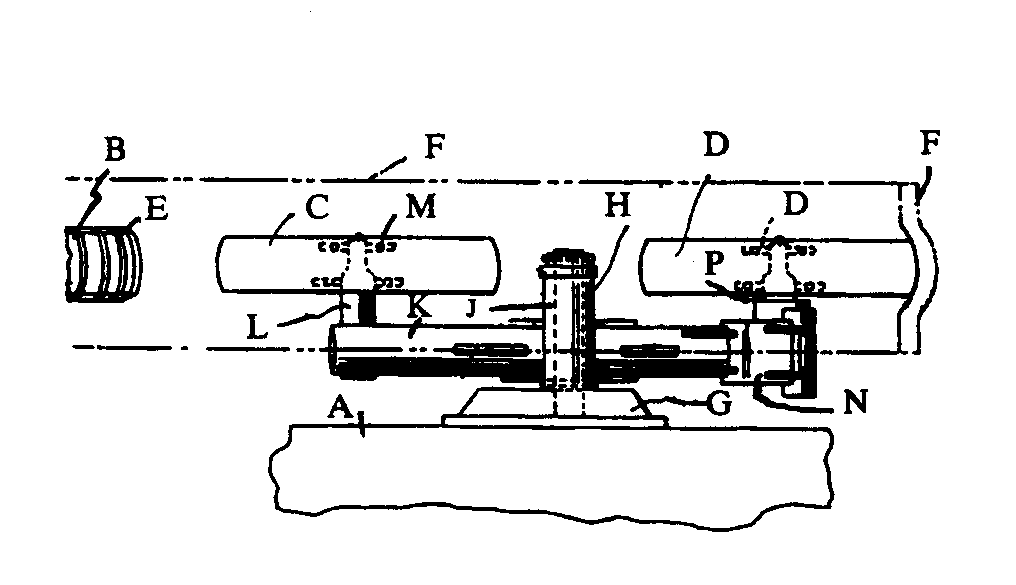 A - Longitudinal frame; B - Rear wheel; C - Center wheel;D - Front wheel; E - Transverse grooves; F - Metal link endlesstrack; G - Side bracket; H - Lateral rigid pipe; P, L - Fixed wheelspindle; Q, M - Bearings; N - Rigid upright
