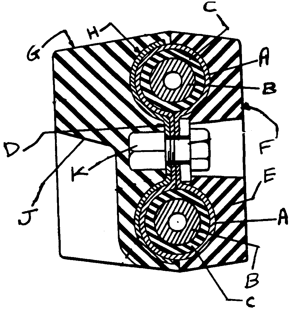 A - Pivot bearing sleeves; B - Pivot pins; C - Rubber bushings;D - Connecting web; E, F - Rubber block with wheel contacting face;G, H - Bottom tread shoe with a metal plate 'H';J - Grouser or cleat; K - Fastening means for recurring metal platewith tread block
