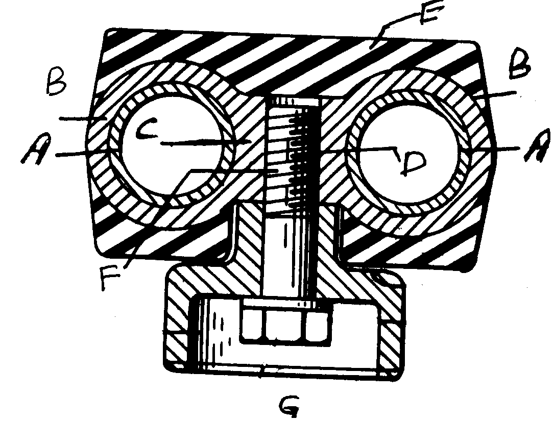 A - Tubular sleeves adapted to receive link pins and elasticbushings; B, C - End plates brazed or welded to sleeves; D - Tappedhole in the endplate; E - Electronic material abuts the track wheels;F, G - Fastening means
