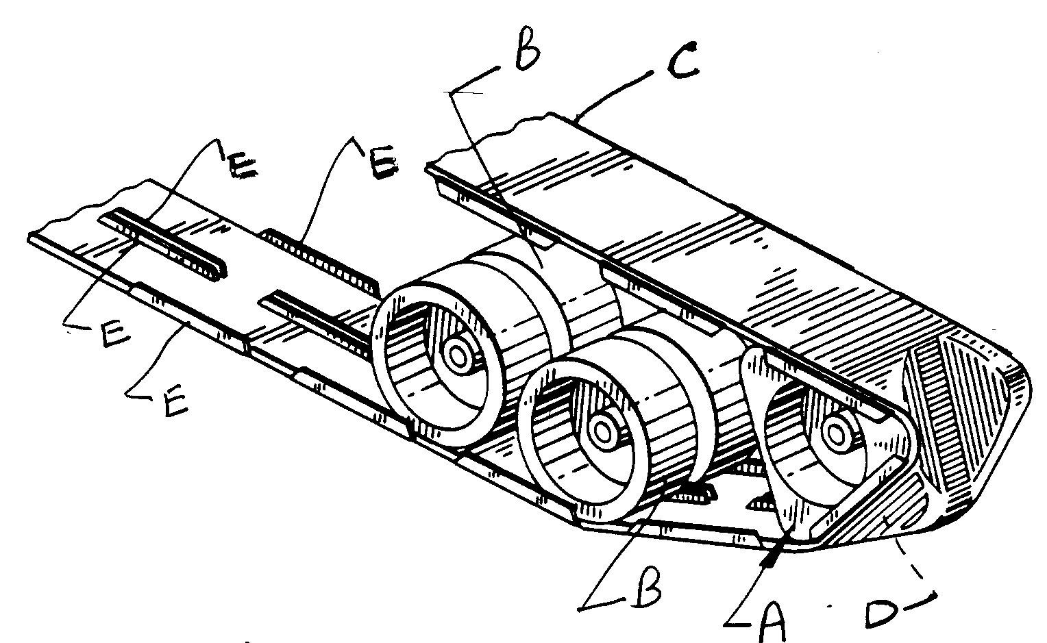 A - Drive wheel; B - Ground supporting wheels; C - Flexiblebelt; D - Belt shoes; E - Shoe lips
