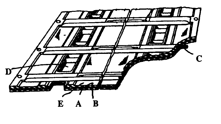 A - Top layer; B - Bottom layer sprocket tooth; C - Metallicreinforcement; D - Hole to receive; E - Flexible belt
