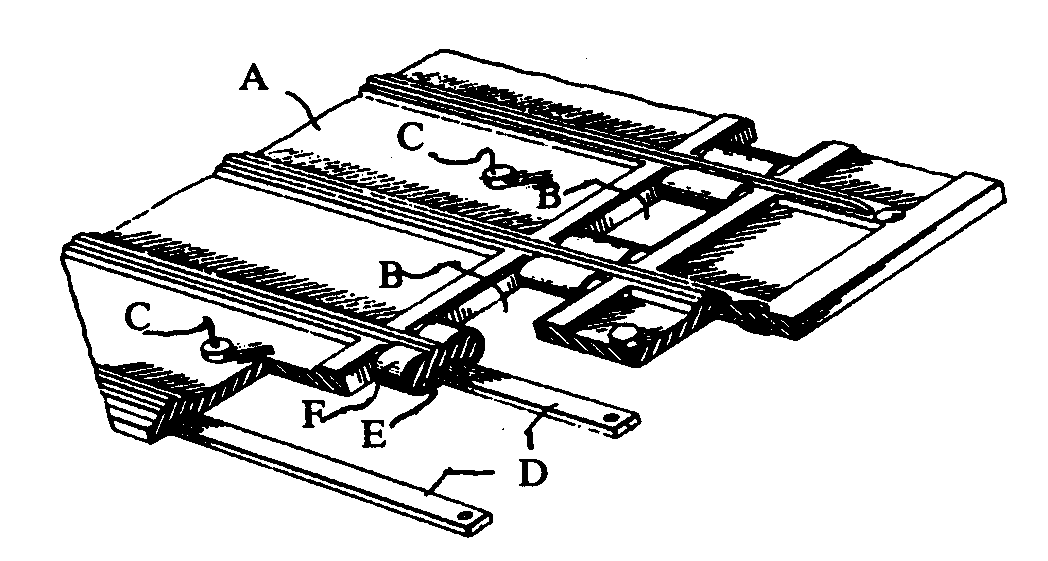 A - Traction belt; B - Sprocket wheel tooth aperture; C- Projecting studs; D - Metallic embedded reinforcement; E - Rubberbonds of traction belt; F - Additional wear clips
