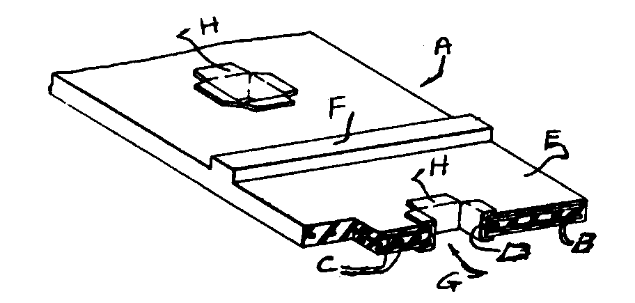 A - Endless belt; B - Tension resistant nonmetallic cord; C- Metallic reinforcement; D - Sprocket receiving aperture; E - Tractionsurface; F - Traction lug; G - Metal clip; H - Integral clip tabs
