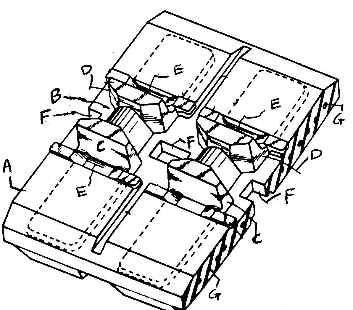 A - Rubber belt; B - Cove bar; C, D - Pair of central projections;E - Recess; F - Sprocket tooth hole; G - Steel cord reinforcement
