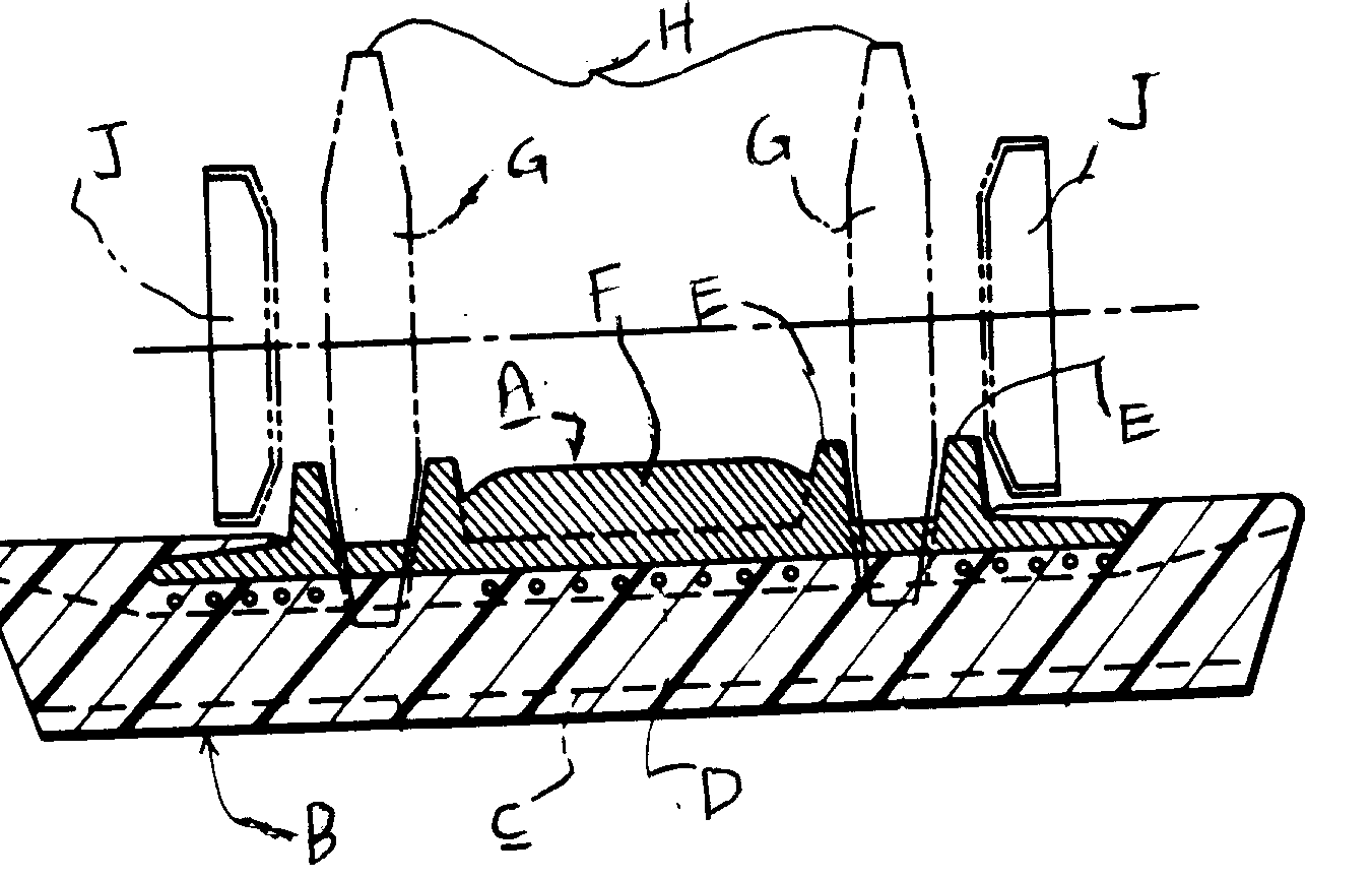 A - Core body; B - Rubber crawler; C - Crawler body; D -Steel cable reinforcement; E - Pair of core protrusions; F - Ribreinforcement; G - Drive tumbler; H - Sprocket teeth; J - Outerrollers
