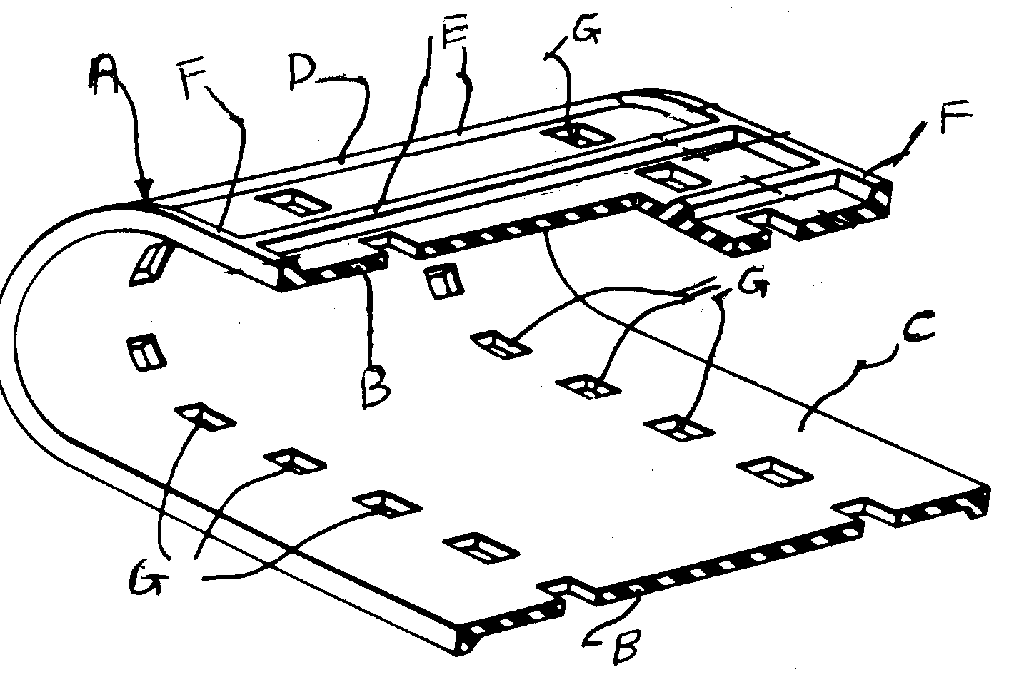 A - Belt track; B - Belt body of elastomeric material;C - Flat inner drive-contacting surface; D - Ground-contacting tractionsurface; E - Integral transverse grouser; F - Lateral belt raisedportion; G - Sprocket teeth openings
