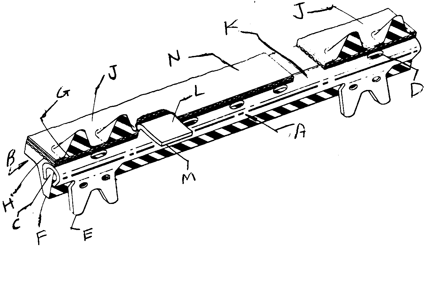 A - Transverse stiffener; B - Flexible track; C - Reinforcement;D - Stiffener perforations; E - Traction element; F - Transversetread bar; G - Track tensile; H - Transverse reinforcement sections;J - Drive means; K - Longitudinal groove; L, M - Tab with wear resistance surface;N - Track inner surface
