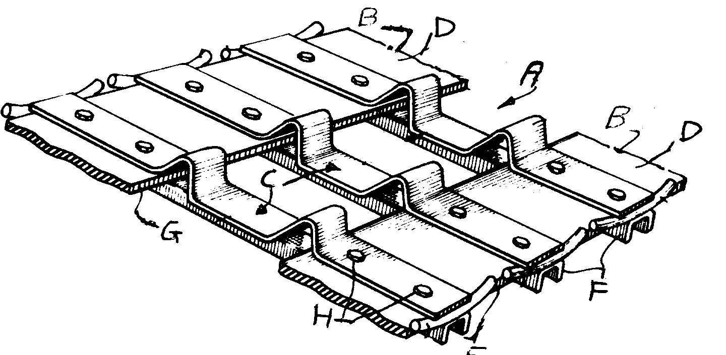 A - Endless track; B - Parallel rubber belts; C - Grouser barassembly; D - Inner belt surface; E - Opposed belt outer edges;F - Outer grouser bar member; G - Spaced belt inside edges; H -Grouser mounting means
