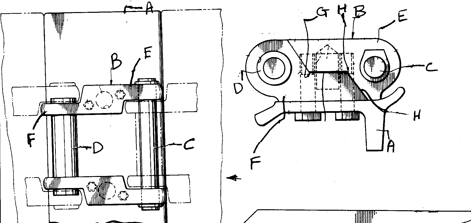 A - Track shoe; B - Master link; C - Track pin; D - Bushing;E, F - Two-piece parts of master link; G, H - Mating surfaces oflink part E and F
