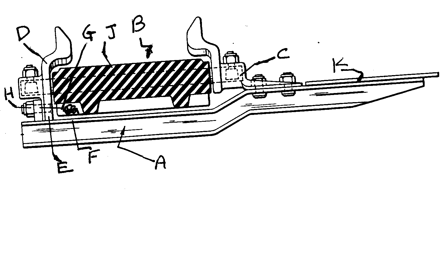 A - Grouser plate; B - Track (endless); C - Extended end connector (outboard side); D - End connector (inboard side); R - Flange portion;F - Grouser base portion; G - Grouser bracket; H - Bolt aperture;J - Nonmetallic block; K - Flotation plate
