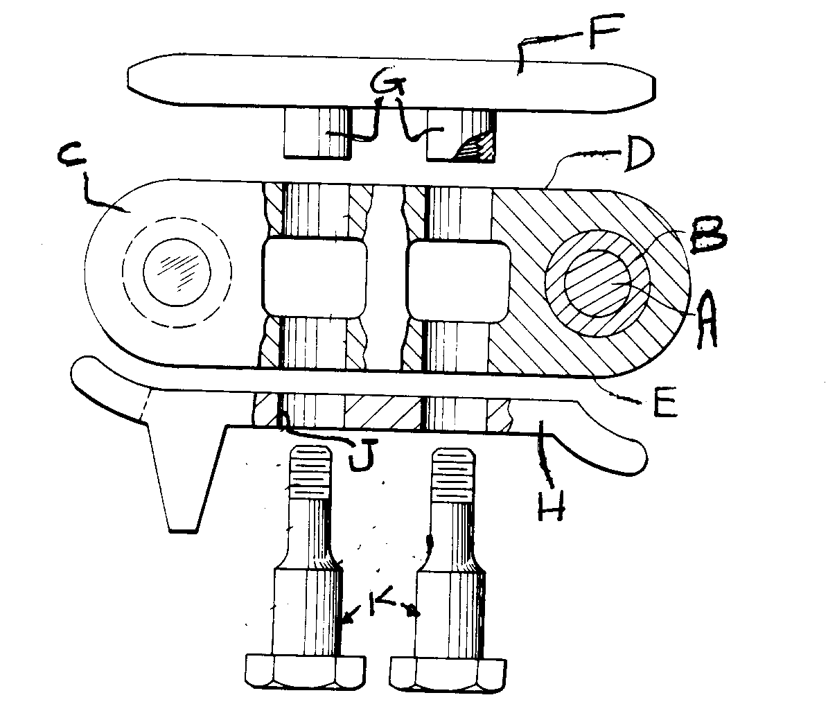 A - Connector pin; B - Bushing; C - Track  link; D - Tracklink upper surface; E - Track link lower surface; F, G  - Grouserplate with mounting bosser; H, J - Track shoes with mounting aperture;K - Fastening means; Note:  Grouserplate F and truck shoe H are interchanged at surface E and D.
