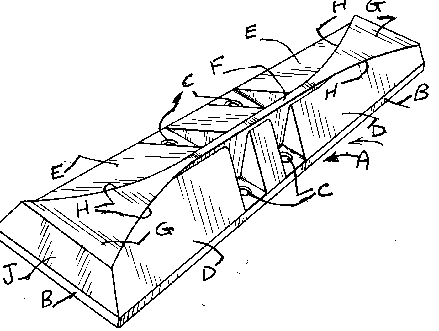 A - Grouser bar; B - Base of the bar; C - Bolt apertures; D- Forward planner service; E - Rearward planner service; F - Elongatedtrack traction portion; G - Bearing surface; H - Curved edges; J- End surface
