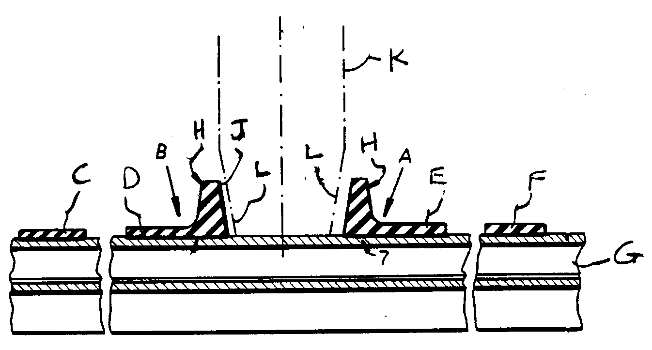 A, B - Lateral guide elements; C, D, E, F -  Endless belt; G- Track bar; H - Cleat or projection; J - Flank coincides with driveroller flank; K - Drive roller; L - Drive roller flank
