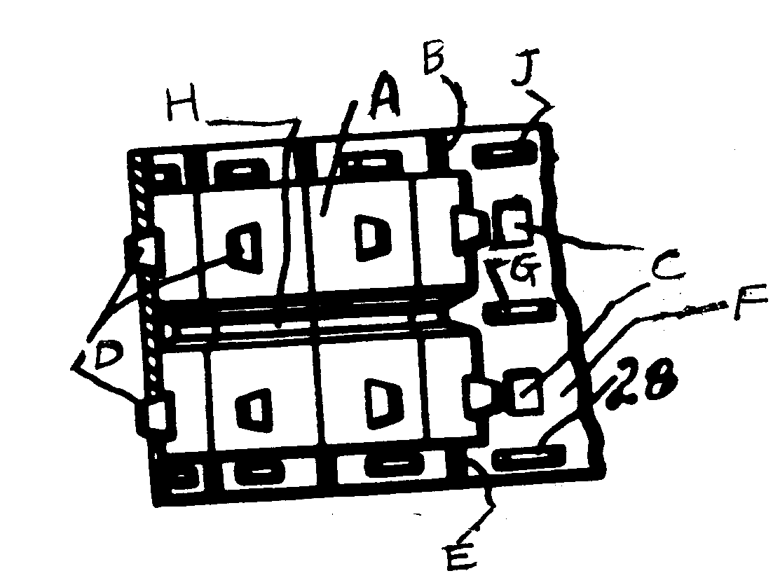 A - Sprocket wheel; B - Endless track; C - Spaced aperture(for tooth); D - Sprocket tooth; E - Interconnected chain eye pieces;F - Underside of track plate; G - Projecting lugs; H - Groove tofit toothed width; J - Additional lugs (underside of track plate)
