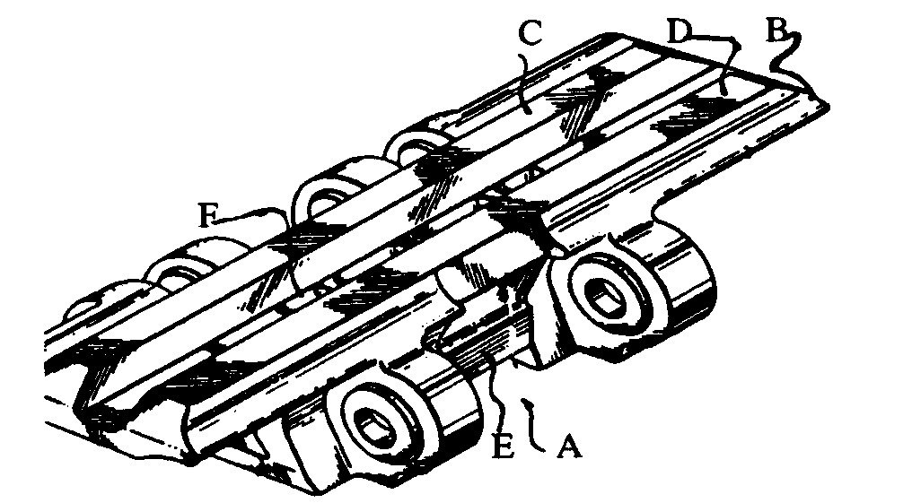 A - Rigid link; B - Traveling mechanism plate; C, D - Nonskidslipproof studs; E - Face engages with sprocket wheel tooth face;F - Recess to make link lighter
