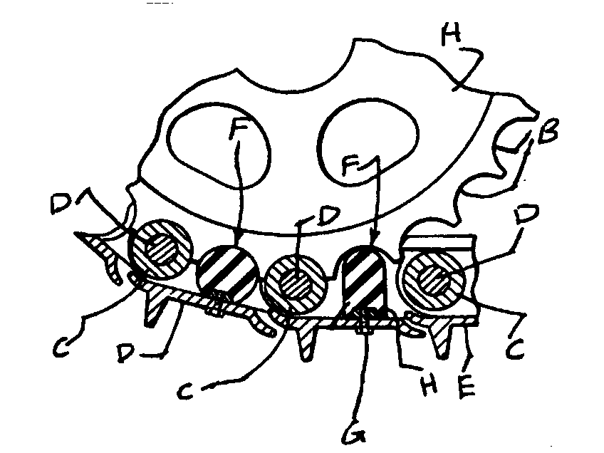 A - Drive sprocket; B - Notches; C - Bushings; D - Trackpins; E - Track shoe; F - Nonmetallic part; G - Fastening means;H - Mounting strip
