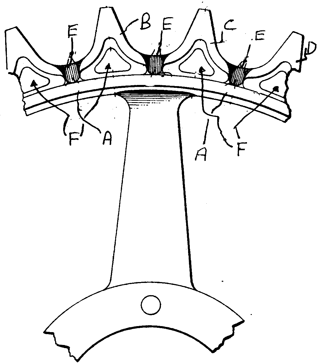 A - Sprocket wheel rim; B, C, D - Wheel teeth; E - Reliefor vent openings; F - Openings to reduce weight
